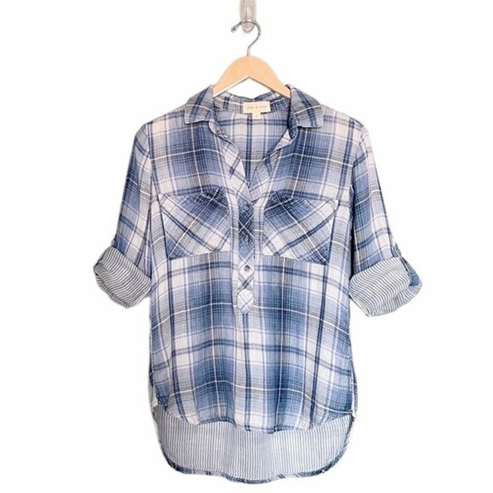 Cloth & Stone Plaid Henley Crinkle Cotton Roll Tab Sleeve Blue Women’s Size XS